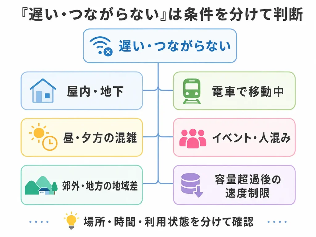 UQモバイルの遅い・つながらない評判を屋内・地下・混雑時間・地域など利用状況別に確認する図
